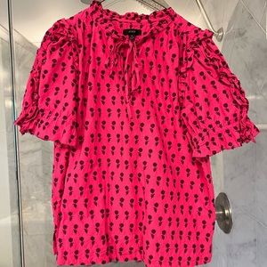 Embroidered J Crew shirt with tie at neck and ruffle on sleeve. Barely worn.